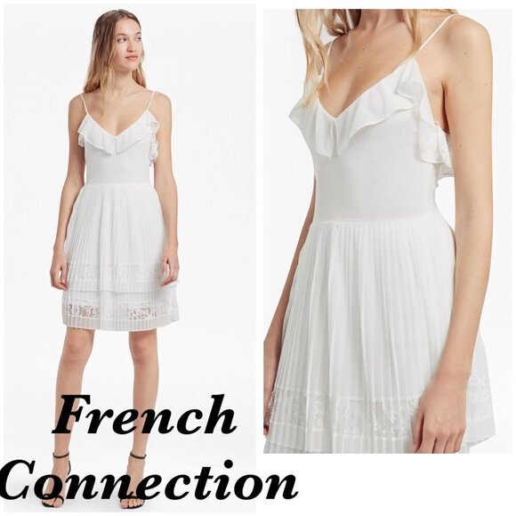 French Connection ADANNA PLEAT LACE JERSEY DRESS white Size 2 - Picture 1 of 10